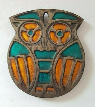 Vintage Footed Metal Blue Orange Stained Glass Owl Trivet Wall Hang Art 6”