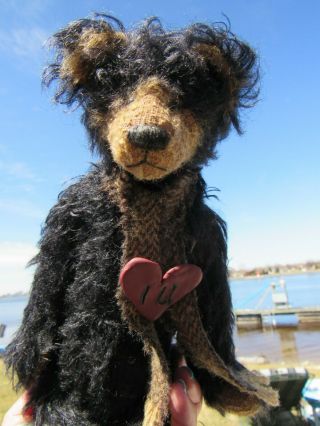 Vintage Teddy Bear Black Mohair Long Arms 12 " Artist Tag Mariel Making Memories