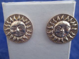 Vintage Sterling Silver Sun Face Disk Stud Earrings