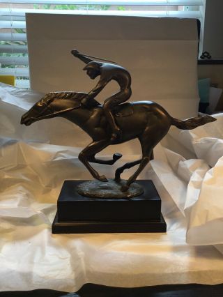 Vintage Running Race Horse & Jockey Metal Sculpture Statue Figure Metal Base