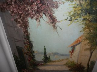 Old oil painting,  { Coast landscape with pretty flowers & sailboats,  is signed}. 3