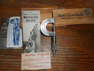 Vintage Brown & Sharpe No 20 Micrometer Caliper 0 - 1 " Wood Box Paper Work