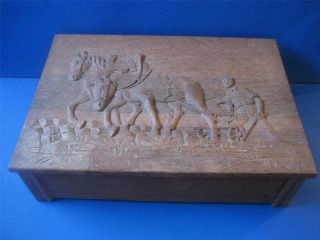 Vtg Hand Carved Work Horse Wood Box Primitive Folk Art Jewelry Trinket Big 15 "
