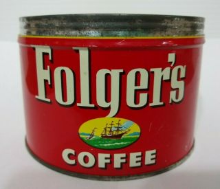 Vintage Folgers Coffee Tin Can With Lid 1 Lb Ship Logo Mountain Grown Ground