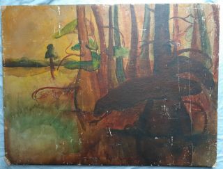 Early 20th C Modernist Arts & Crafts Cypress Swamp Louisiana ? Antique Old Oil