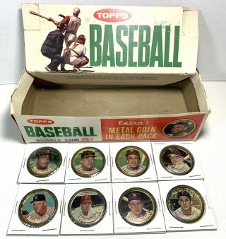 1964 Topps Baseball Card Empty Box & 8 Metal Coins Stan Musial Ad,  5 Cent Packs