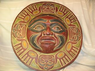 Vintage Hand Carved Plaque,  First Nation Sun Face,  Bella Cooley.  B.  C.