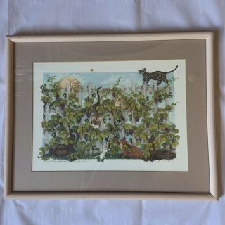 Vintage Jamie Perry Art Print Framed Cats Garden Backyard Siamese 599/800 Signed