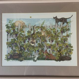 Vintage Jamie Perry Art Print Framed Cats Garden Backyard Siamese 599/800 Signed 2