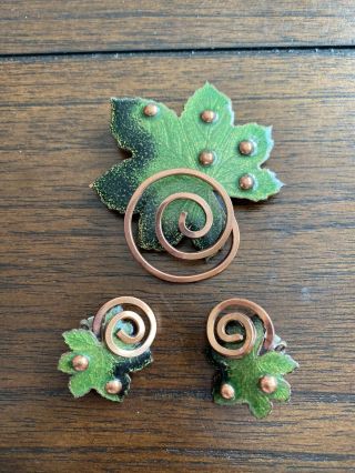 Matisse Renoir Vintage Copper & Green Enamel Maple Leaf Brooch Pin & Earrings