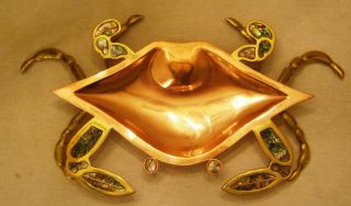 Vintage Mid Century Mexican Large Copper & Brass Abalone Inlaid Crab Tray Dish