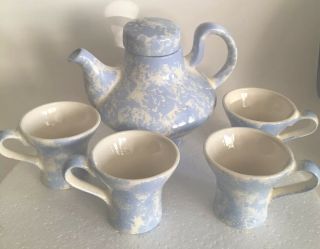 Vintage Light Blue And White Ceramic Teapot With 4 Tea Cups