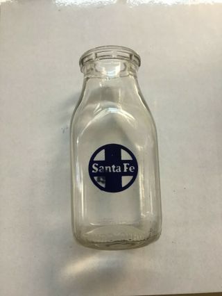 Santa Fe Railroad Glass 1/3 Quart Milk Bottle With Blue Cross Logo (duraglass)