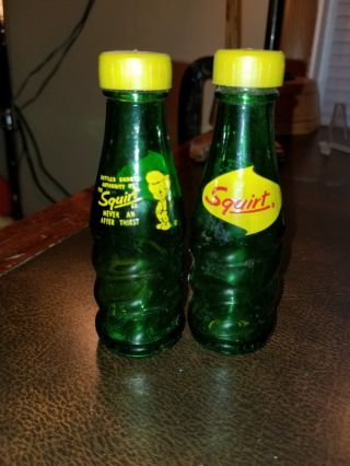 Vintage Miniature Advertising Squirt Boy Soda Bottles Salt And Pepper Shakers