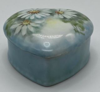 Vintage Hand Painted Lidded Heart Shaped Trinket Dish Signed Great