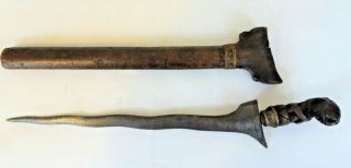 Antique Asian Keris / Kris Dagger Knife Carved Wood Grip W/ Wooden Scabbard