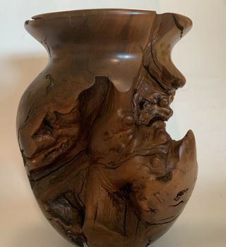 Vintage Turned Burl Wood Art Vase About 6” X 5” Signed By Artist 1974