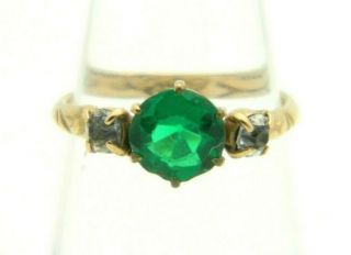 Antique Victorian 10k Yellow Gold Green Clear Rhinestone Ring Size 4.  5