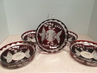 Antique Set Of 5 Bohemian Dark Ruby Red Cut To Clear Crystal Bowls