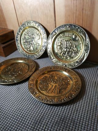 Vintage 6 " Hammered Brass Relief Wall Hanging Plates - Set Of 4