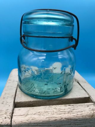 Vintage Atlas Blue Pint E - Z Seal Canning Jar With Wire Rim And Lid