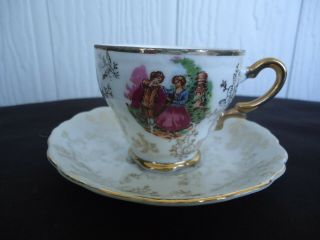 Vintage Gold Crown Brand Coffee Cup & Saucer Japan Crinoline Lady French Couple