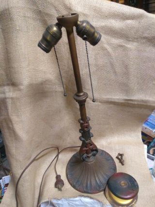 Antique Art Nouveau Arts And Crafts Cast Metal Double Table Lamp For Slag Glass