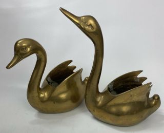 Vtg Set Of 2 Mid - Century Solid Brass Duck Goose Swan Statues Planters Pots Euc