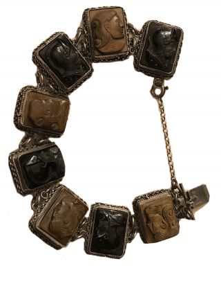 Sterling Silver Greco - Roman Soldier Gemstone Carved Raised Cameo Link Bracelet