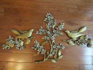 3 Vintage 1967 Gold Mcm Dart Syroco Flowering Dogwood Wall Plaques,  2 With Birds