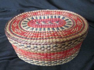 Vintage Woven Multi - Color Sweet Grass Ovall Basket With Handle Lid