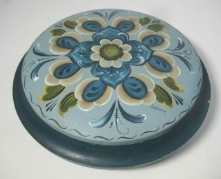 Rosemaling Wood Trinket Box With Lid 7 " Round Blue And Tan Vintage Signed Joanne