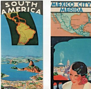 2 Pan Am Airline Pamphlets South America Mexico City Merida Terrific Graphics