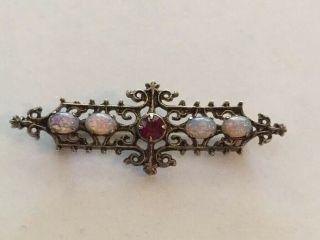 Vintage Sarah Coventry Sterling Silver Pin Brooch Faux Ruby & Simulated Opals