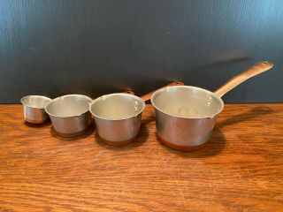 Vintage Set Of 4 Aluminum Measuring Cups With Copper Colored Bottom & Handles