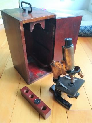 Spencer Brass Microscope W Wood Case Antique C1916