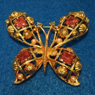 Stunning Vintage Avon Gold Tone Butterfly Rhinestone Faux Pearl Enamel Brooch