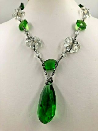 Antique 1920s Art Deco Czech Green Glass & Cryst Flowers Necklace Cut Steel Find