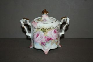 Vintage Rs Prussia Hand Painted Rose Porcelain Covered Sugar Bowl