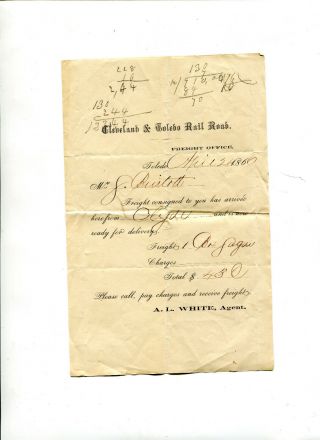Vintage Freight Office Arrival Notice Cleveland & Toledo Railroad 1860