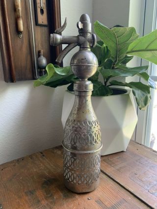Antique Vintage French Seltzer Bottle Soda Siphon Pewter Top Pump