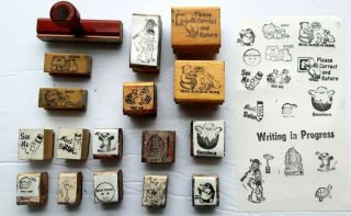 Vintage School Teachers Rubber Stamps Wood Handles Read Correct Work In Progress