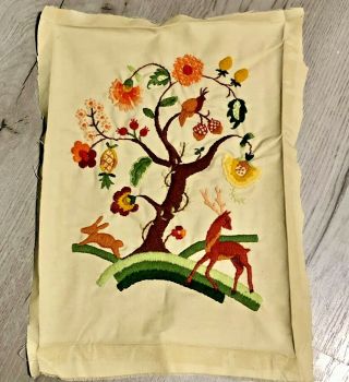 Vintage 1970s Finished Crewel Embroidery Animal Tree 17 " X 13 " Hand Made