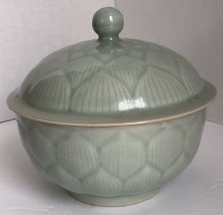 Antique Celadon Green Glaze Ceramic Pottery Korean Lidded Tureen Signed By Maker