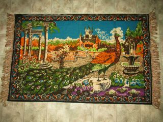 Vintage Large 58 " X 37 " Thin Peacock Tapestry Rug Wall Hanging Bright Colors