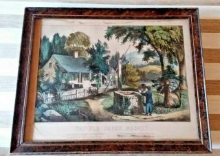 Antique Framed Hand Colored Currier & Ives Lithograph The Old Oaken Bucket 1872