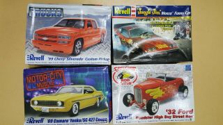 Revell 4 Cars Model Kits 1/25 Scale 99 Chevy / Jungle Jim / 69 Camaro / 32 Ford