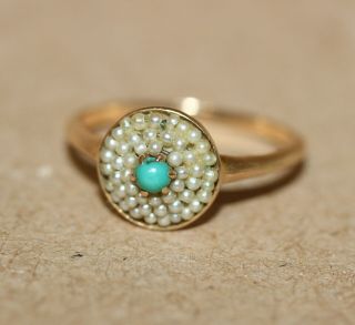 Antique Victorian 10k Gold Seed Pearl Turquoise Cluster Ring Pat 