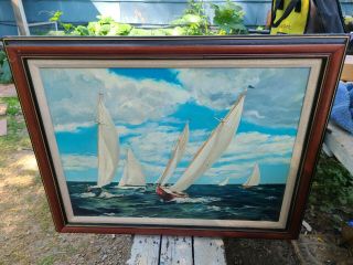 Vintage 1965 B.  A.  Kott Signed Oil Painting On Board 22x28 Sailboat Race Weather
