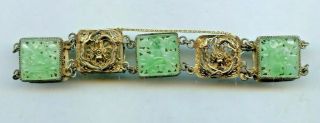 Antique Vintage Chinese Export Silver Carved Jade And Dragon Link 7 " Bracelet